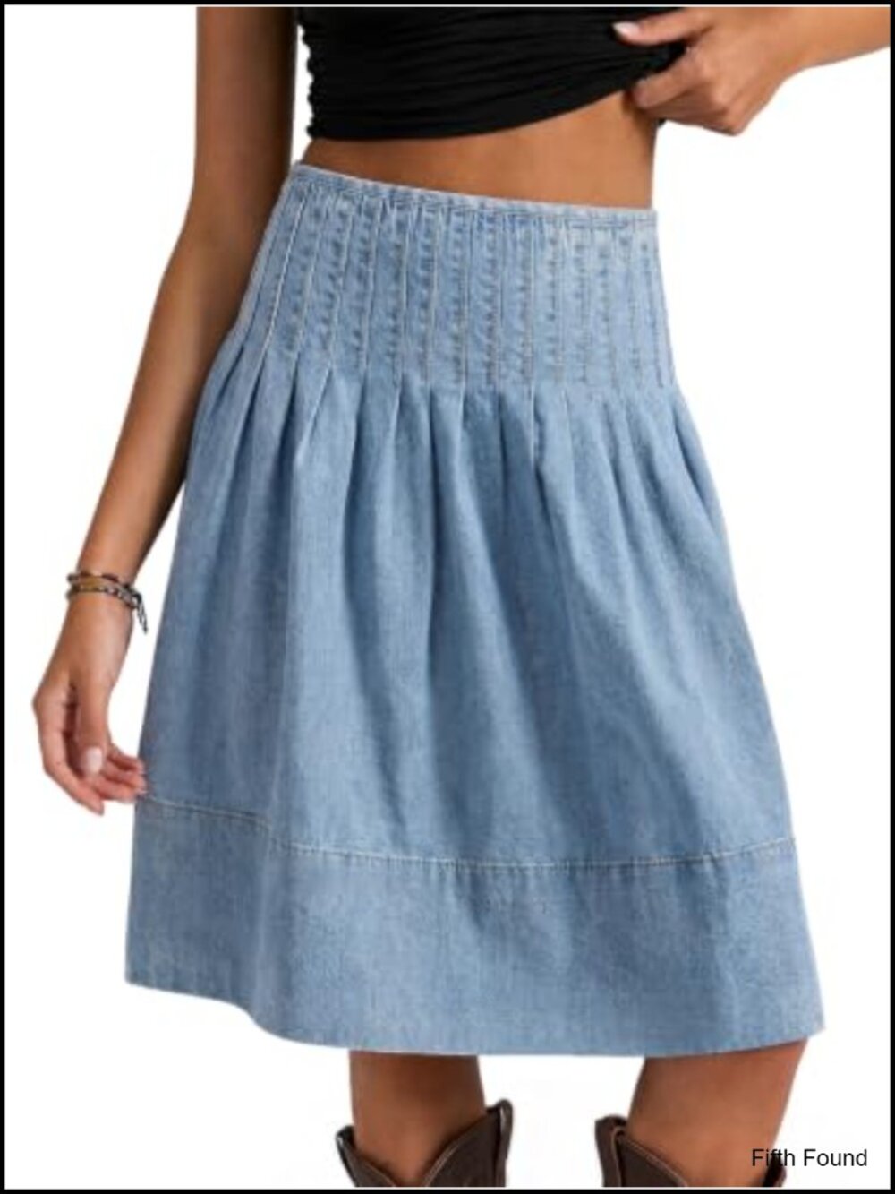 Pleated Denim Midi Skirt High Waisted A-Line Knee Length
